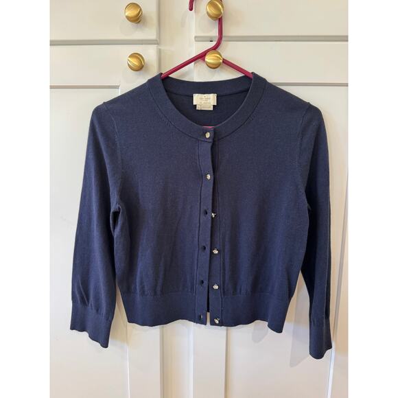 Kate Spade Navy Rhinestone Button Navy Blue Cropped Sweater Normcore Size S - Picture 1 of 6